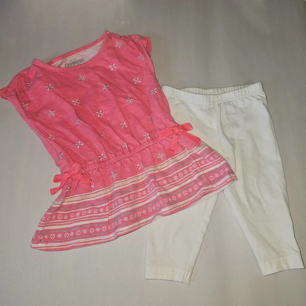 OshKosh B'gosh Top and Carters Leggins Bundle Toddler Girl 18M Pink White Bows